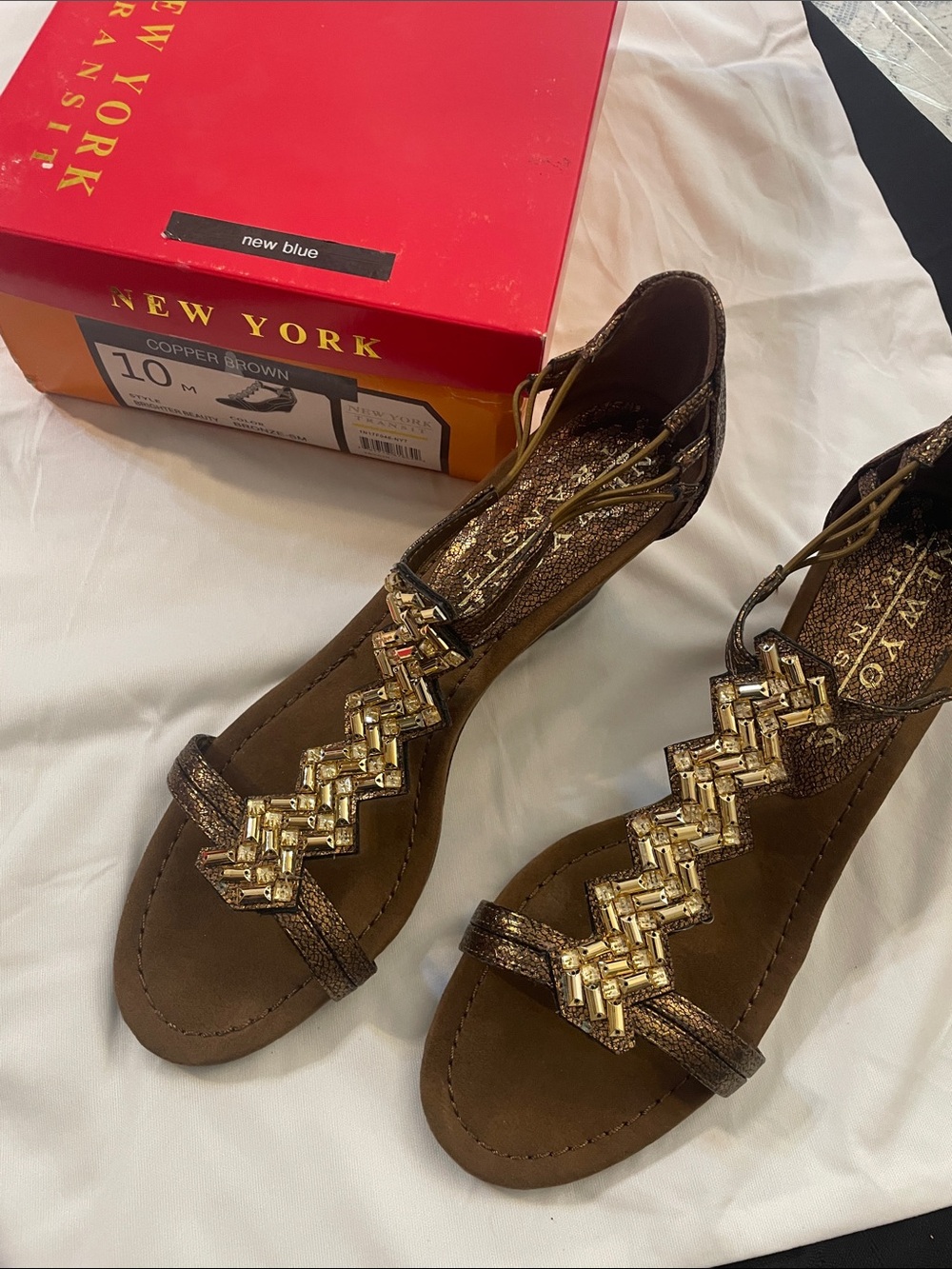 New York Transit Copper Brown Metallic T-Strap Sandals with Gold Accents